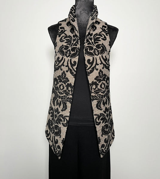 gothic black jacquard brocade vest fleur de lis vest jacquard brocade vest ladies apparel stylish clothing handmade in melbourne classy elegant clothing timeless pieces timeless clothing classic style unique clothing unique style ageless style luxe fabrics statement clothing statement style evening style clothing floral vest stand up collar womens clothing made in australia eloise the label