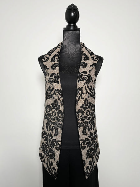 gothic black jacquard brocade vest fleur de lis vest jacquard brocade vest ladies apparel stylish clothing handmade in melbourne classy elegant clothing timeless pieces timeless clothing classic style unique clothing unique style ageless style luxe fabrics statement clothing statement style evening style clothing floral vest stand up collar womens clothing made in australia eloise the label