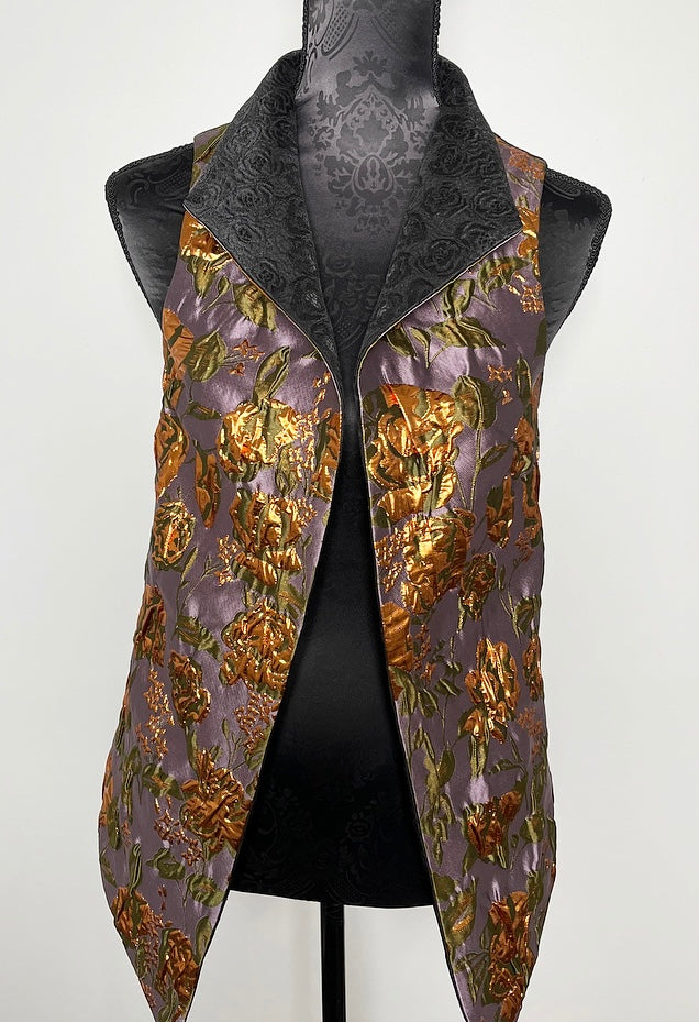 black floral brocade jacquard vest gold brocade ladies apparel stylish clothing handmade in melbourne classy elegant clothing timeless pieces timeless clothing classic style unique clothing unique style ageless style luxe fabrics statement clothing statement style evening style bold clothing floral vest stand up collar womens clothing made in australia eloise the label