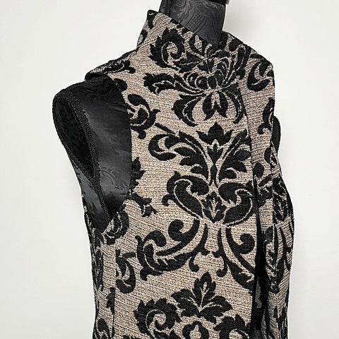 gothic black jacquard brocade vest fleur de lis vest jacquard brocade vest ladies apparel stylish clothing handmade in melbourne classy elegant clothing timeless pieces timeless clothing classic style unique clothing unique style ageless style luxe fabrics statement clothing statement style evening style clothing floral vest stand up collar womens clothing made in australia eloise the label