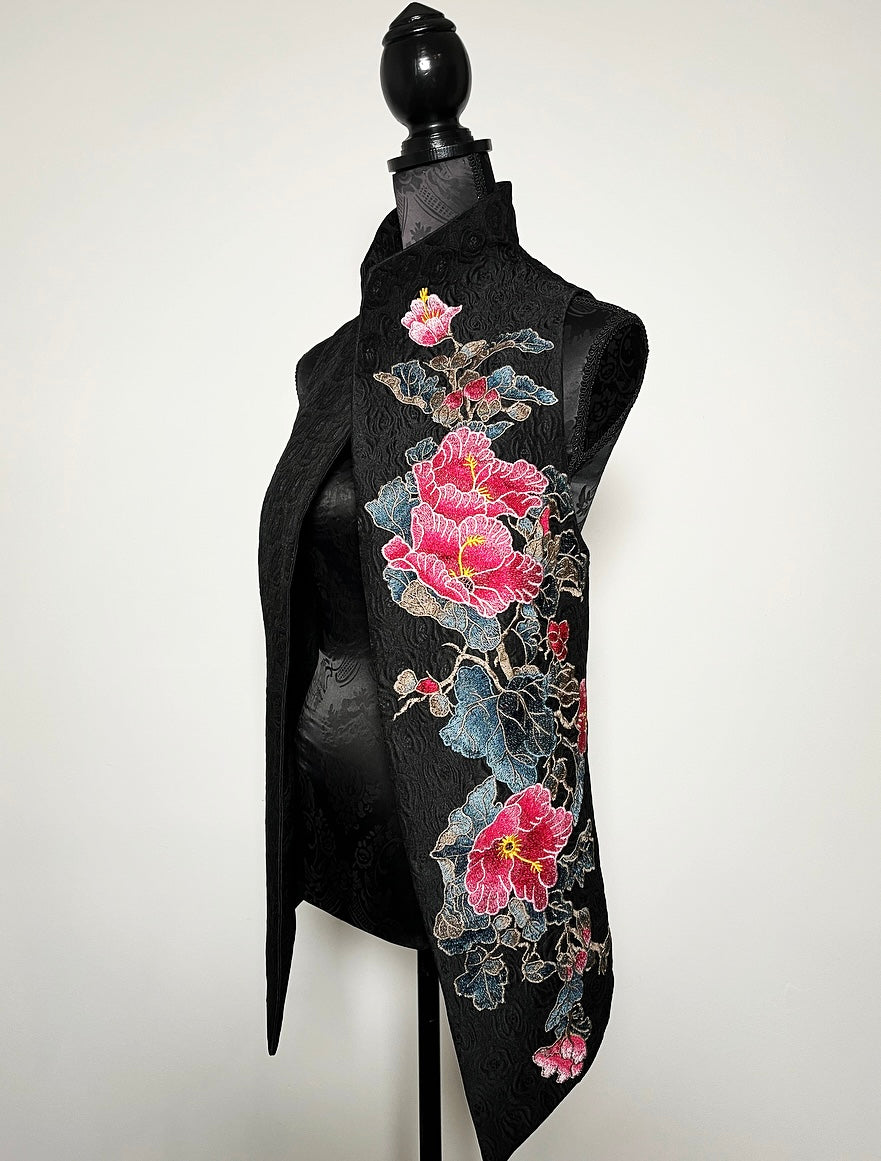 pink floral embroidered vest black jacquard brocade vest ladies apparel stylish clothing handmade in melbourne classy elegant clothing timeless pieces timeless clothing classic style unique clothing unique style ageless style luxe fabrics statement clothing statement style evening style bold clothing floral vest stand up collar womens clothing made in australia made in melbourne gothic style eloise the label