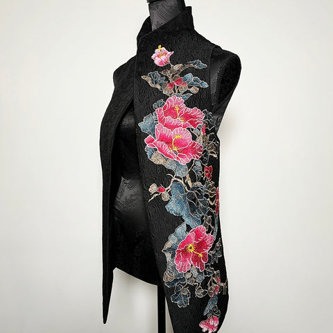 pink floral embroidered vest black jacquard brocade vest ladies apparel stylish clothing handmade in melbourne classy elegant clothing timeless pieces timeless clothing classic style unique clothing unique style ageless style  luxe fabrics statement clothing statement style evening style bold clothing floral vest stand up collar womens clothing made in australia made in melbourne  gothic style eloise the label