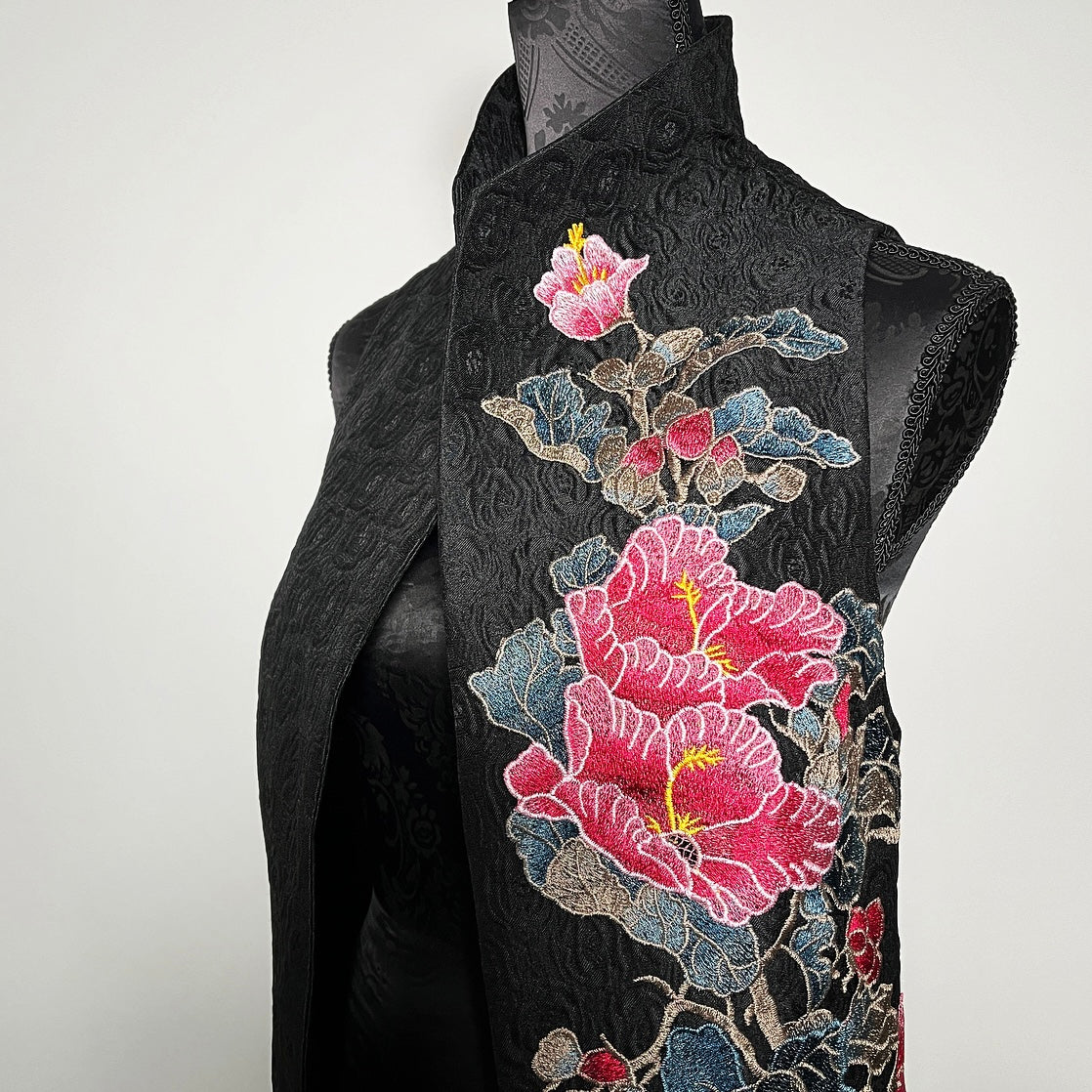 pink floral embroidered vest black jacquard brocade vest ladies apparel stylish clothing handmade in melbourne classy elegant clothing timeless pieces timeless clothing classic style unique clothing unique style ageless style luxe fabrics statement clothing statement style evening style bold clothing floral vest stand up collar womens clothing made in australia made in melbourne gothic style eloise the label