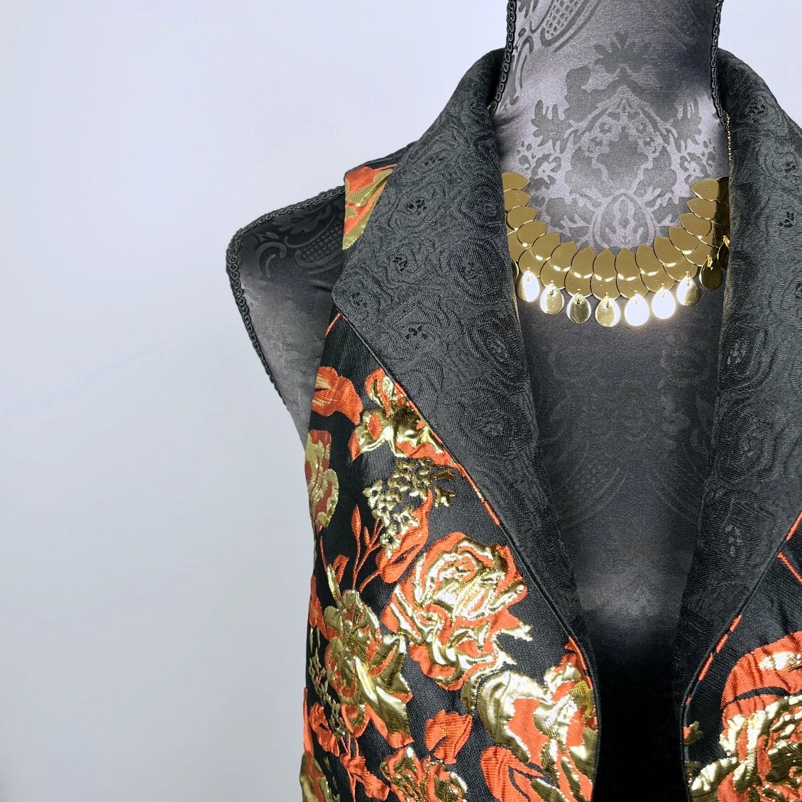 gold brocade vest stand up collar gothic style evening wear made in Melbourne Eloise the label