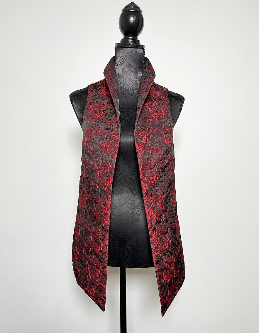 red roses floral brocade jacquard vest gold brocade ladies apparel stylish clothing handmade in melbourne classy elegant clothing timeless pieces timeless clothing classic style unique clothing unique style ageless style luxe fabrics statement clothing statement style evening style bold clothing floral vest stand up collar womens clothing made in australia eloise the label