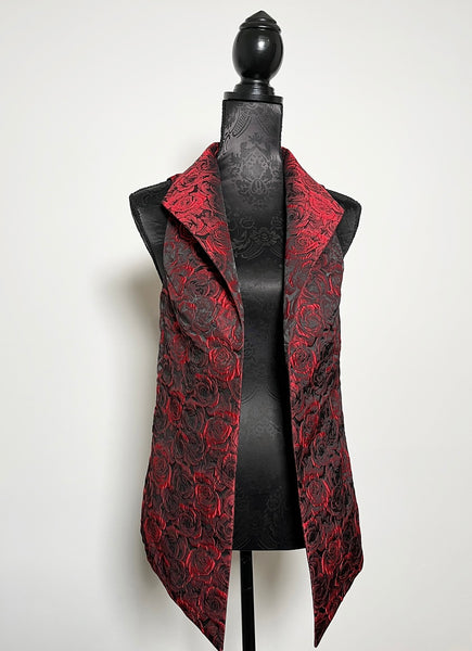 red roses floral brocade jacquard vest gold brocade ladies apparel stylish clothing handmade in melbourne classy elegant clothing timeless pieces timeless clothing classic style unique clothing unique style ageless style luxe fabrics statement clothing statement style evening style bold clothing floral vest stand up collar womens clothing made in australia eloise the label