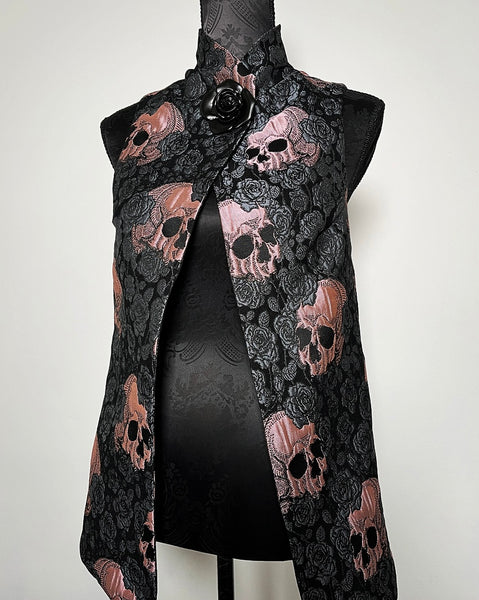 skulls and roses vest jacquard brocade vest ladies apparel stylish clothing handmade in melbourne classy elegant clothing timeless pieces timeless clothing classic style unique clothing unique style ageless style luxe fabrics statement clothing statement style evening style clothing floral vest stand up collar womens clothing made in australia eloise the label