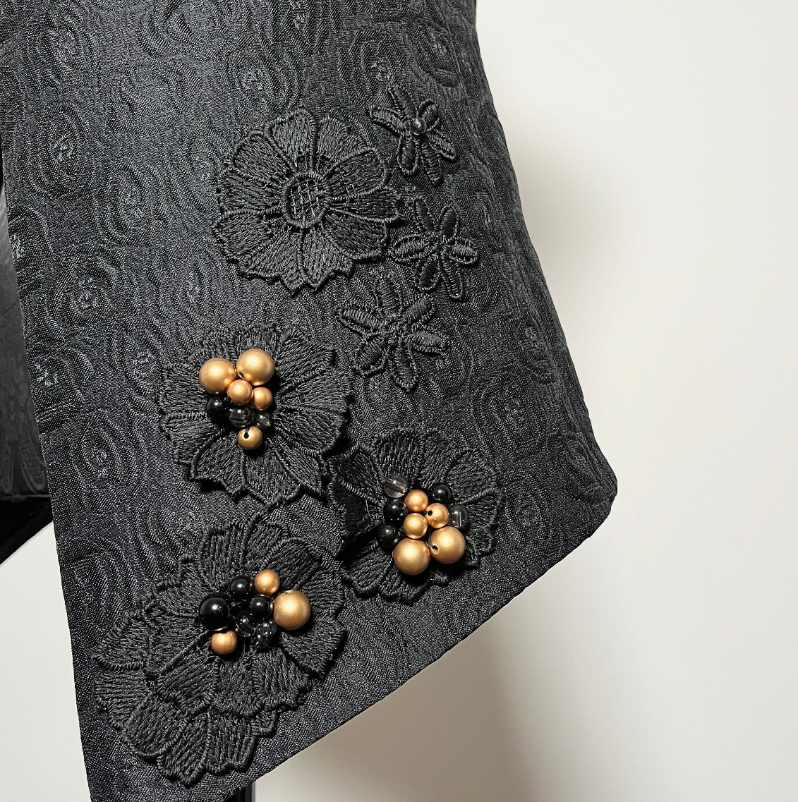 Natalia Vest - Black floral jacquard with beaded lace motifs - One Of A Kind