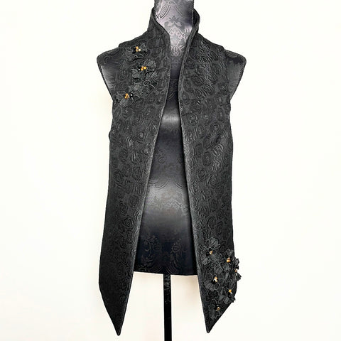 Natalia  Vest - Black floral jacquard with beaded lace motifs - One Of A Kind