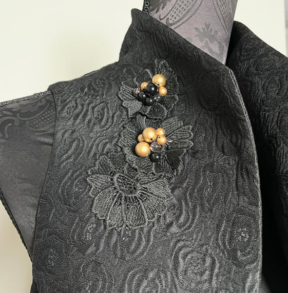 Natalia Vest - Black floral jacquard with beaded lace motifs - One Of A Kind