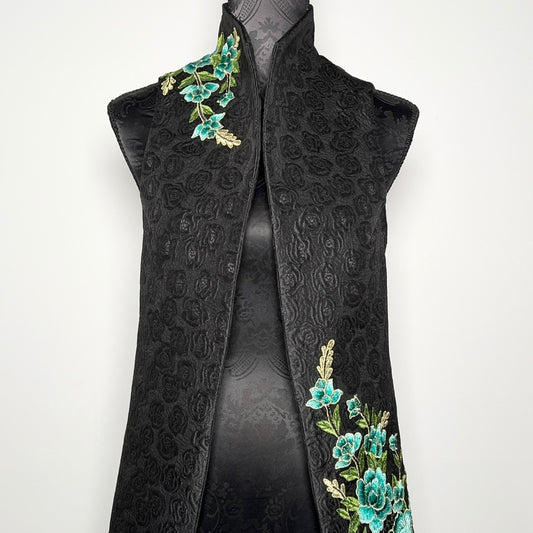 blue floral embroidered vest black jacquard brocade vest ladies apparel stylish clothing handmade in melbourne classy elegant clothing timeless pieces timeless clothing classic style unique clothing unique style ageless style luxe fabrics statement clothing statement style evening style bold clothing floral vest stand up collar womens clothing made in australia eloise the label