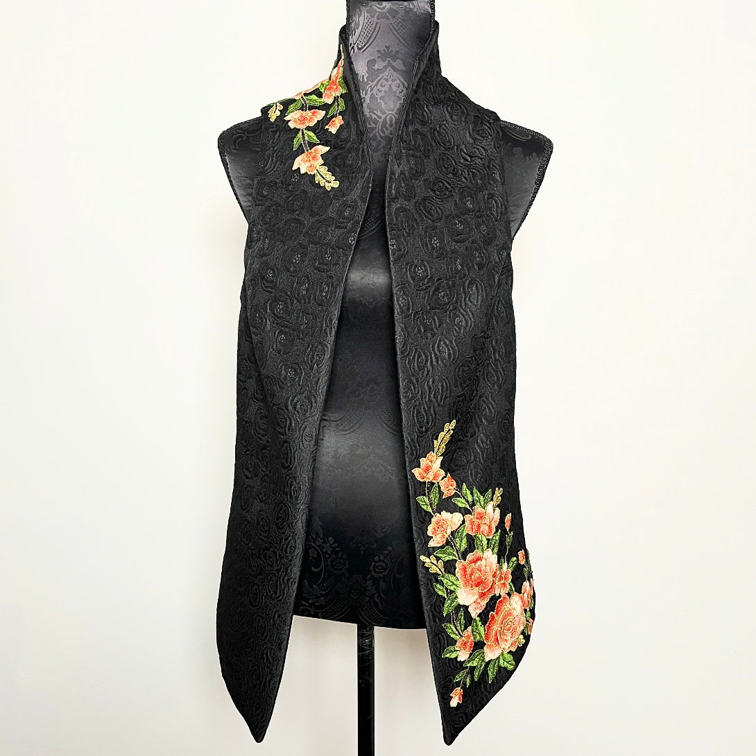 Black jacquard vest with peach floral embroidered applique melbourne made womens vest
