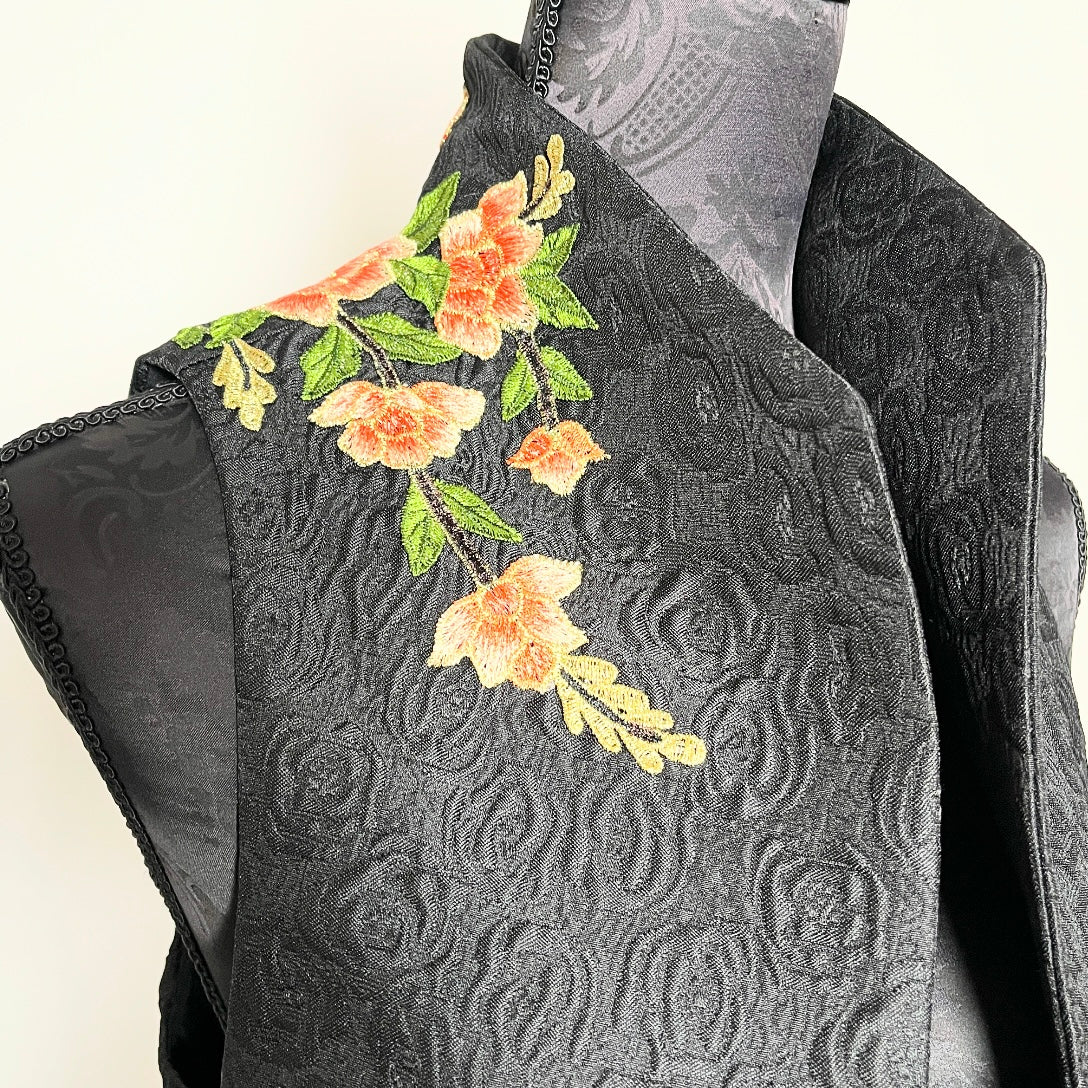 Black jacquard vest with peach floral embroidered applique melbourne made womens vest