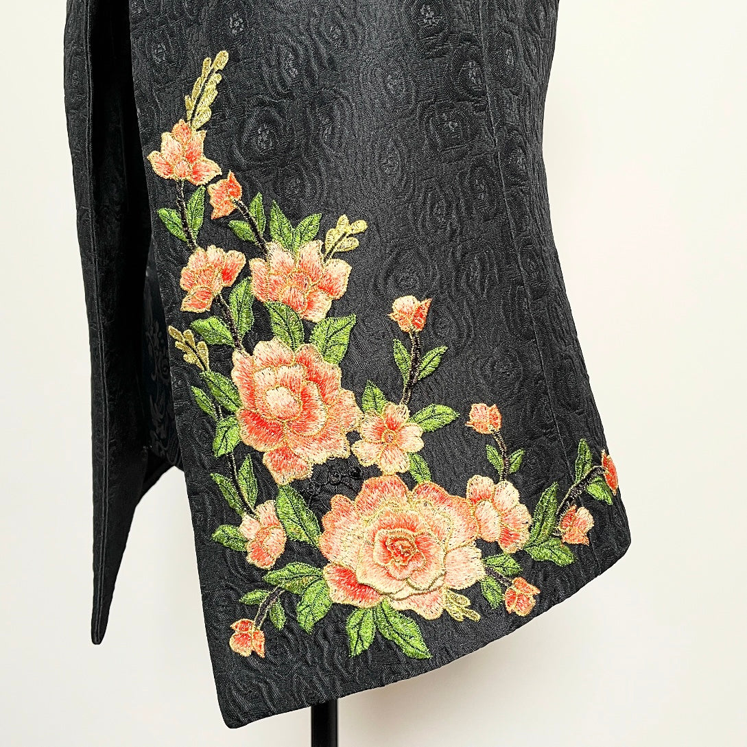Black jacquard vest with peach floral embroidered applique melbourne made womens vest