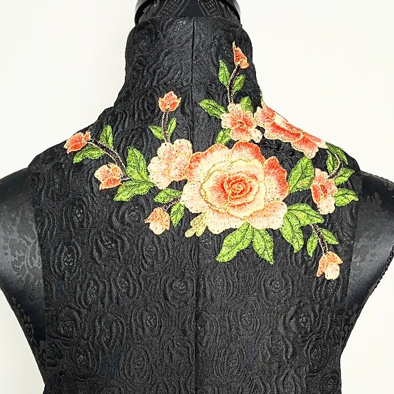 Black jacquard vest with peach floral embroidered applique melbourne made womens vest