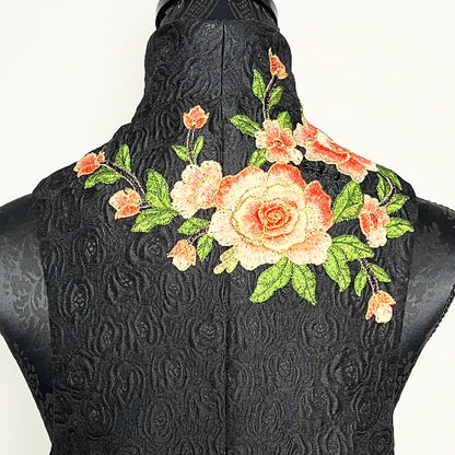 Black jacquard vest with peach floral embroidered applique melbourne made womens vest