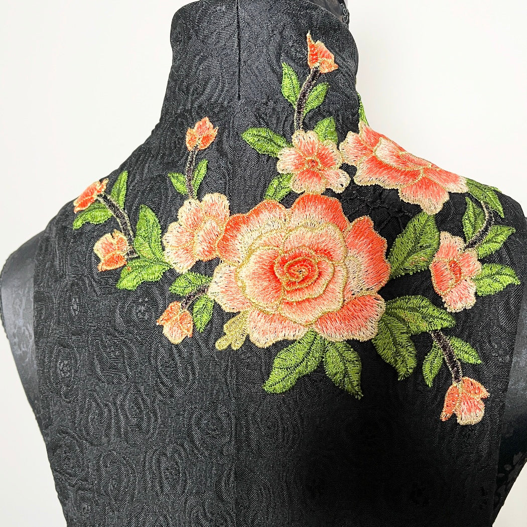 Black jacquard vest with peach floral embroidered applique melbourne made womens vest