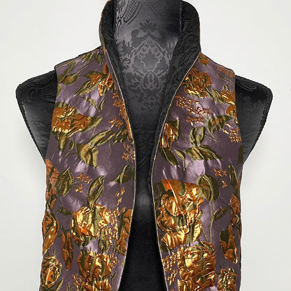 black floral brocade jacquard vest gold brocade ladies apparel stylish clothing handmade in melbourne classy elegant clothing timeless pieces timeless clothing classic style unique clothing unique style ageless style luxe fabrics statement clothing statement style evening style bold clothing floral vest stand up collar womens clothing made in australia eloise the label