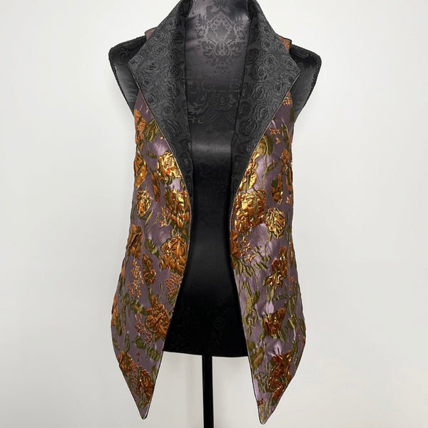 black floral brocade jacquard vest gold brocade ladies apparel stylish clothing handmade in melbourne classy elegant clothing timeless pieces timeless clothing classic style unique clothing unique style ageless style luxe fabrics statement clothing statement style evening style bold clothing floral vest stand up collar womens clothing made in australia eloise the label