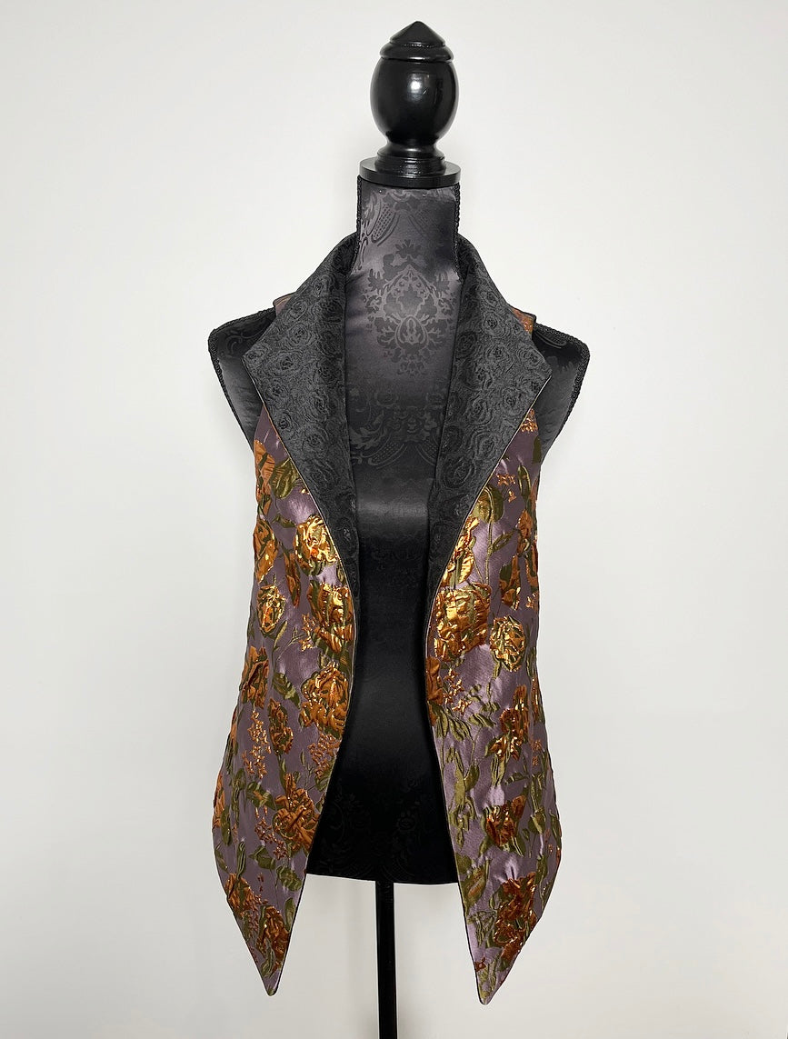 black floral brocade jacquard vest gold brocade ladies apparel stylish clothing handmade in melbourne classy elegant clothing timeless pieces timeless clothing classic style unique clothing unique style ageless style luxe fabrics statement clothing statement style evening style bold clothing floral vest stand up collar womens clothing made in australia eloise the label