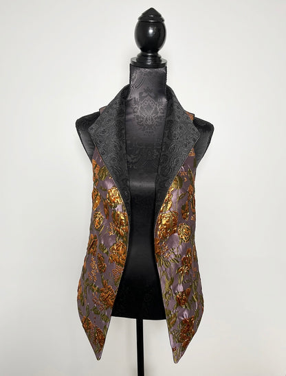 black floral brocade jacquard vest gold brocade ladies apparel stylish clothing handmade in melbourne classy elegant clothing timeless pieces timeless clothing classic style unique clothing unique style ageless style luxe fabrics statement clothing statement style evening style bold clothing floral vest stand up collar womens clothing made in australia eloise the label