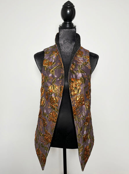 black floral brocade jacquard vest gold brocade ladies apparel stylish clothing handmade in melbourne classy elegant clothing timeless pieces timeless clothing classic style unique clothing unique style ageless style luxe fabrics statement clothing statement style evening style bold clothing floral vest stand up collar womens clothing made in australia eloise the label