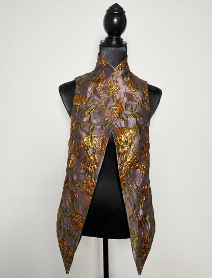 black floral brocade jacquard vest gold brocade ladies apparel stylish clothing handmade in melbourne classy elegant clothing timeless pieces timeless clothing classic style unique clothing unique style ageless style luxe fabrics statement clothing statement style evening style bold clothing floral vest stand up collar womens clothing made in australia eloise the label