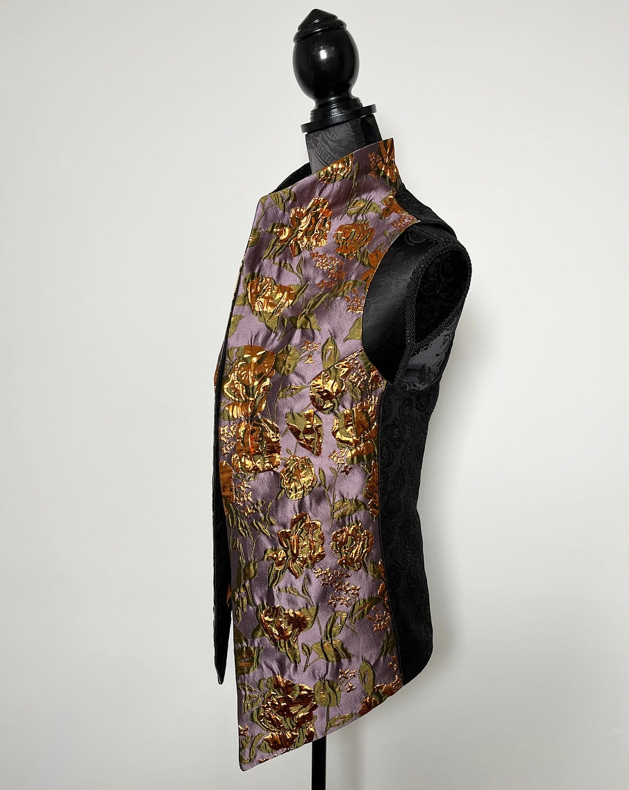 black floral brocade jacquard vest gold brocade ladies apparel stylish clothing handmade in melbourne classy elegant clothing timeless pieces timeless clothing classic style unique clothing unique style ageless style luxe fabrics statement clothing statement style evening style bold clothing floral vest stand up collar womens clothing made in australia eloise the label