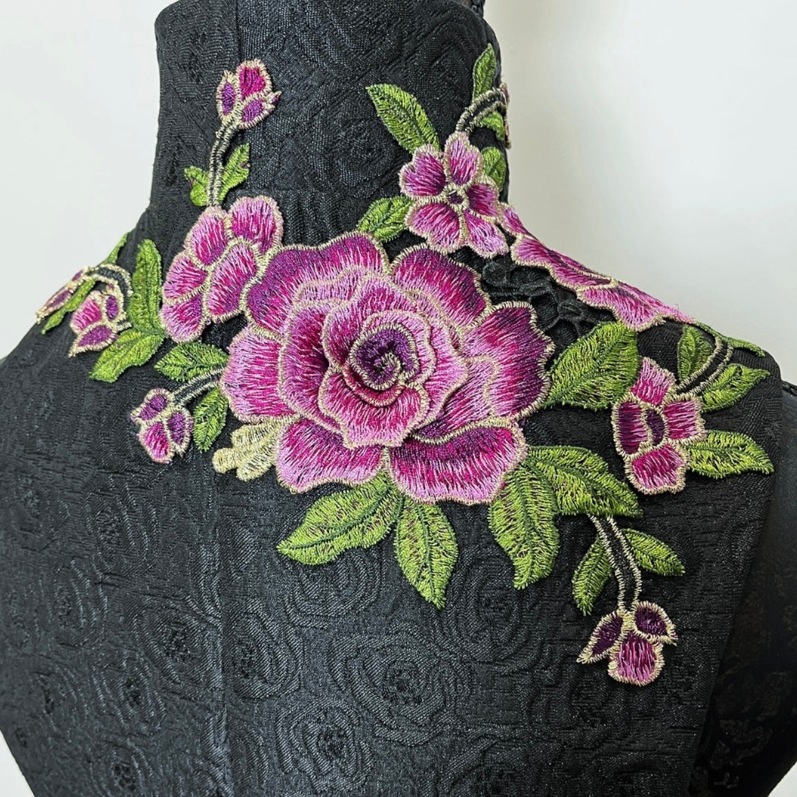 pink floral embroidered vest black jacquard brocade vest ladies apparel stylish clothing handmade in melbourne classy elegant clothing timeless pieces timeless clothing classic style unique clothing unique style ageless style luxe fabrics statement clothing statement style evening style bold clothing floral vest stand up collar womens clothing made in australia eloise the label