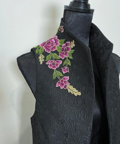 pink floral embroidered vest black jacquard brocade vest ladies apparel stylish clothing handmade in melbourne classy elegant clothing timeless pieces timeless clothing classic style unique clothing unique style ageless style luxe fabrics statement clothing statement style evening style bold clothing floral vest stand up collar womens clothing made in australia eloise the label
