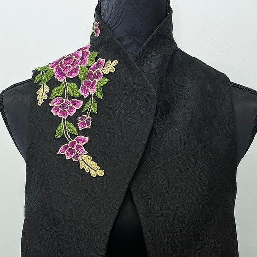 pink floral embroidered vest black jacquard brocade vest ladies apparel stylish clothing handmade in melbourne classy elegant clothing timeless pieces timeless clothing classic style unique clothing unique style ageless style luxe fabrics statement clothing statement style evening style bold clothing floral vest stand up collar womens clothing made in australia eloise the label