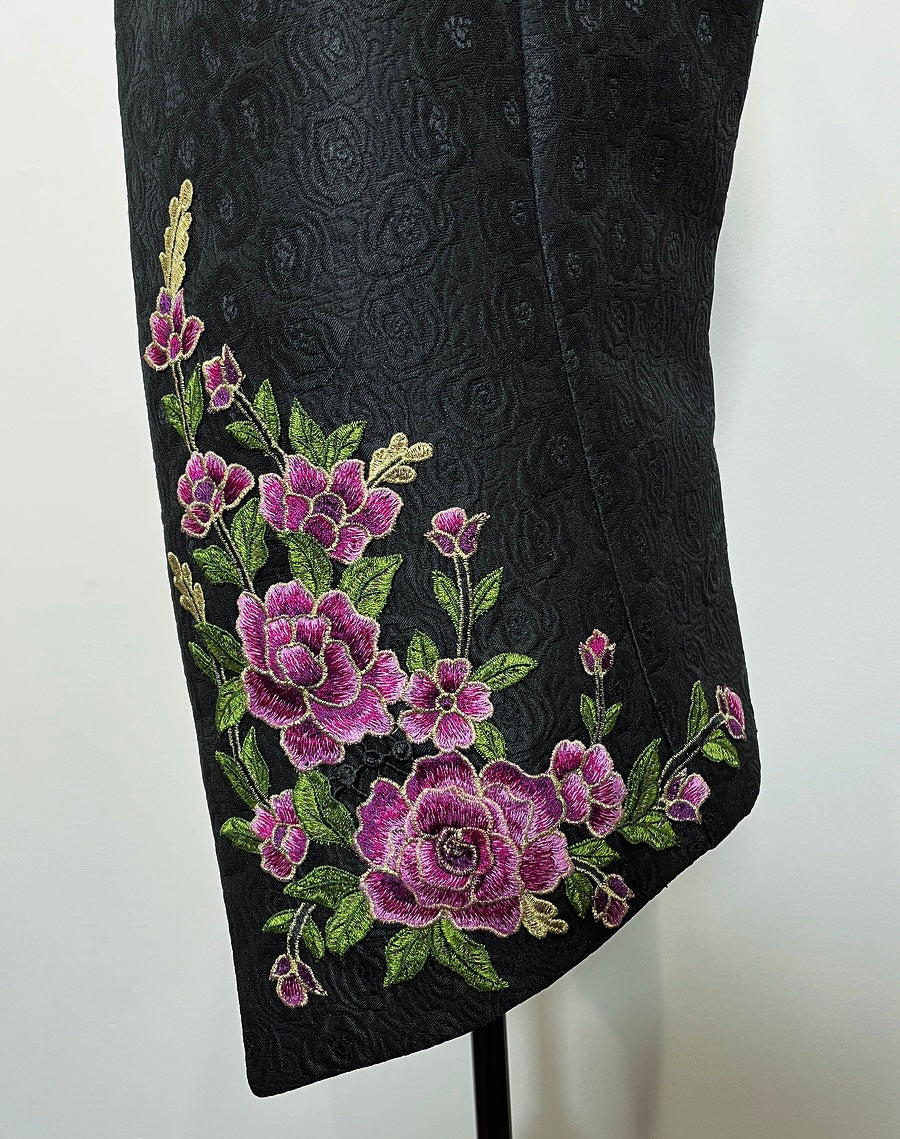 pink floral embroidered vest black jacquard brocade vest ladies apparel stylish clothing handmade in melbourne classy elegant clothing timeless pieces timeless clothing classic style unique clothing unique style ageless style luxe fabrics statement clothing statement style evening style bold clothing floral vest stand up collar womens clothing made in australia eloise the label