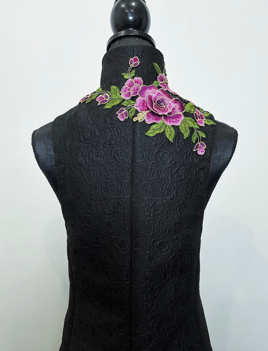 pink floral embroidered vest black jacquard brocade vest ladies apparel stylish clothing handmade in melbourne classy elegant clothing timeless pieces timeless clothing classic style unique clothing unique style ageless style luxe fabrics statement clothing statement style evening style bold clothing floral vest stand up collar womens clothing made in australia eloise the label