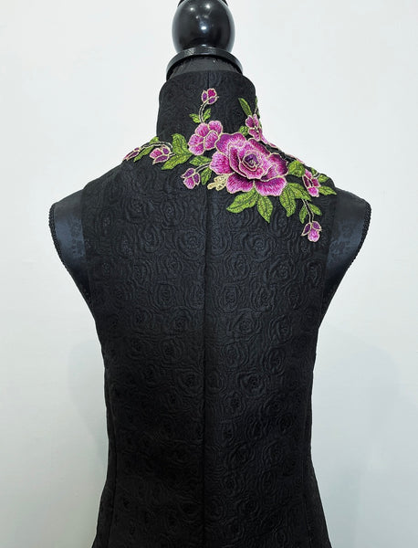 pink floral embroidered vest black jacquard brocade vest ladies apparel stylish clothing handmade in melbourne classy elegant clothing timeless pieces timeless clothing classic style unique clothing unique style ageless style luxe fabrics statement clothing statement style evening style bold clothing floral vest stand up collar womens clothing made in australia eloise the label
