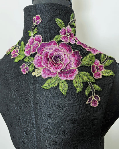 pink floral embroidered vest black jacquard brocade vest ladies apparel stylish clothing handmade in melbourne classy elegant clothing timeless pieces timeless clothing classic style unique clothing unique style ageless style luxe fabrics statement clothing statement style evening style bold clothing floral vest stand up collar womens clothing made in australia eloise the label