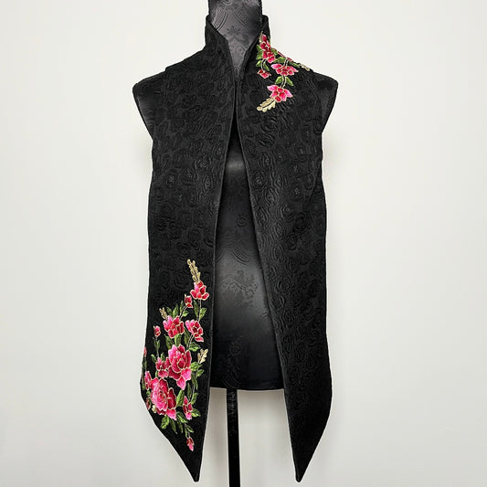 Black jacquard vest with pink floral embroidered applique melbourne made womens vest