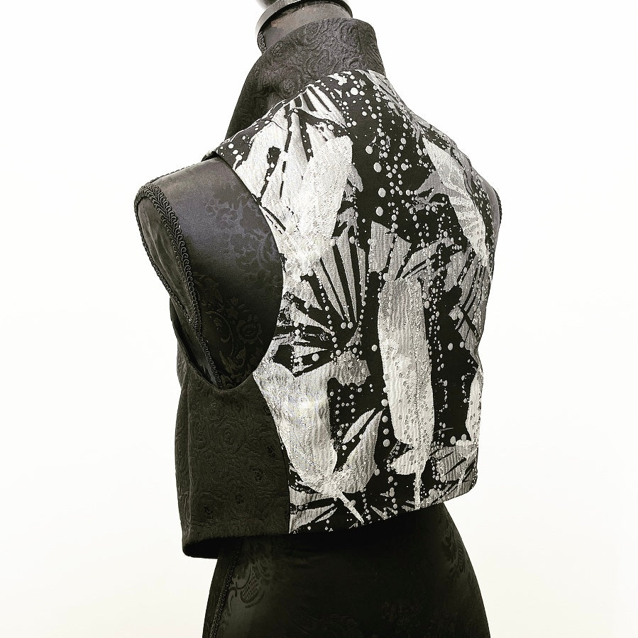 feathers floral brocade jacquard vest silver brocade ladies apparel stylish clothing handmade in melbourne classy elegant clothing timeless pieces timeless clothing classic style unique clothing unique style ageless style luxe fabrics statement clothing statement style evening style bold clothing floral vest stand up collar womens clothing made in australia eloise the label