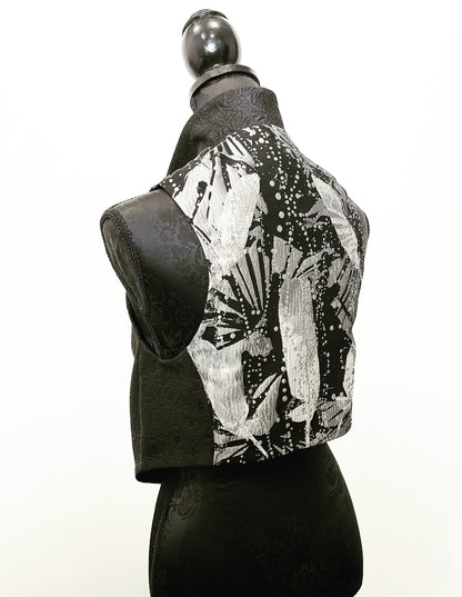 feathers floral brocade jacquard vest silver brocade ladies apparel stylish clothing handmade in melbourne classy elegant clothing timeless pieces timeless clothing classic style unique clothing unique style ageless style luxe fabrics statement clothing statement style evening style bold clothing floral vest stand up collar womens clothing made in australia eloise the label