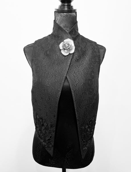 black floral jacquard brocade vest gothic style ladies apparel stylish clothing handmade in melbourne classy elegant clothing timeless pieces timeless clothing classic style unique clothing unique style ageless style luxe fabrics statement clothing statement style evening style bold clothing floral vest stand up collar womens clothing made in australia eloise the label