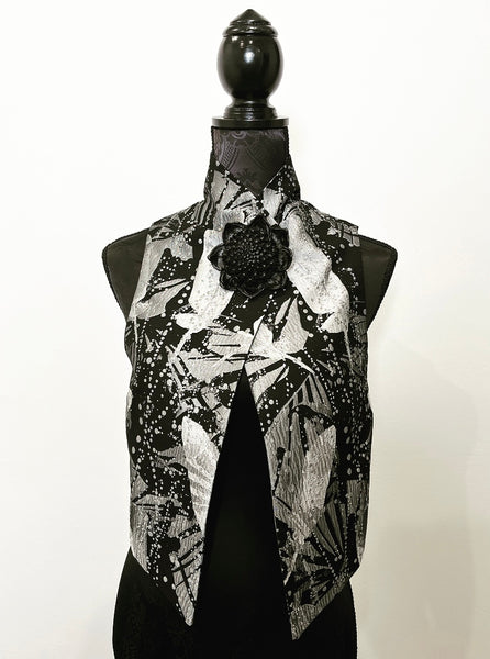 feathers floral brocade jacquard vest silver brocade ladies apparel stylish clothing handmade in melbourne classy elegant clothing timeless pieces timeless clothing classic style unique clothing unique style ageless style luxe fabrics statement clothing statement style evening style bold clothing floral vest stand up collar womens clothing made in australia eloise the label