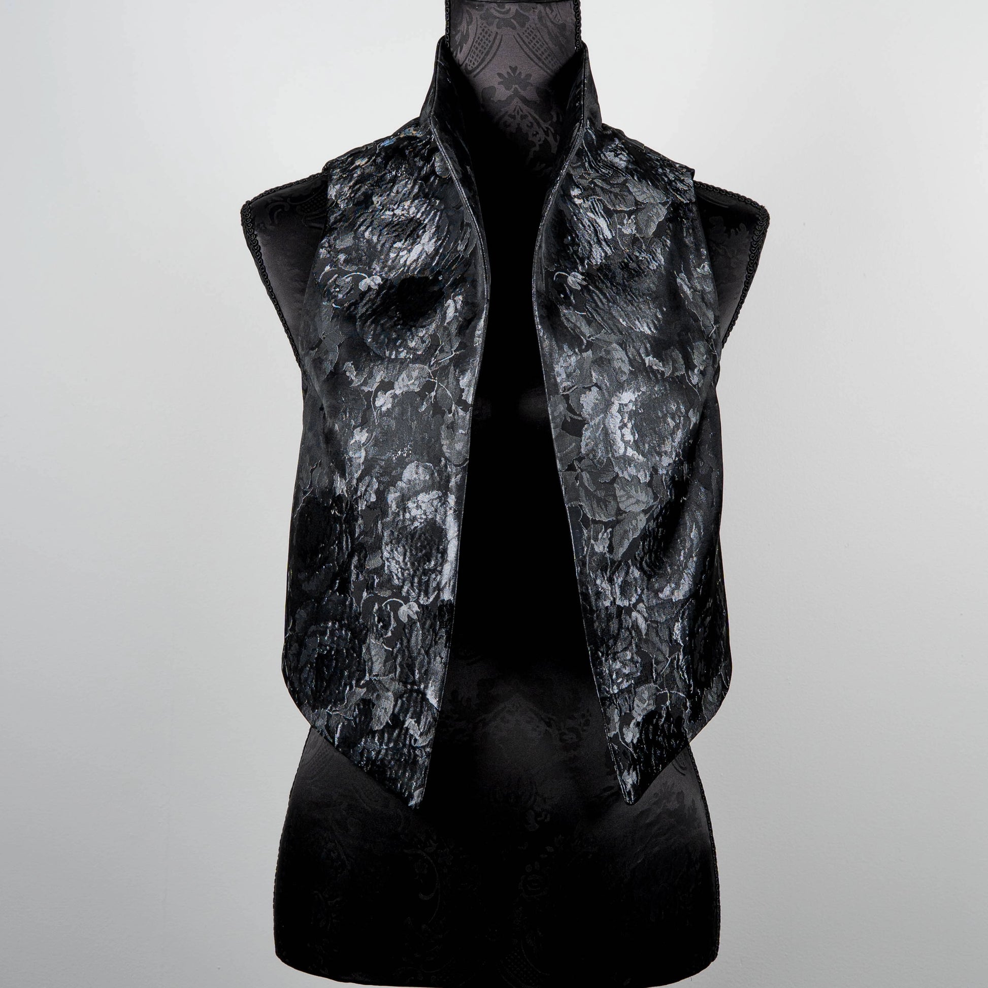 Grey floral vest with high stand up collar Event wear evening wear Made in Melbourne Eloise the label