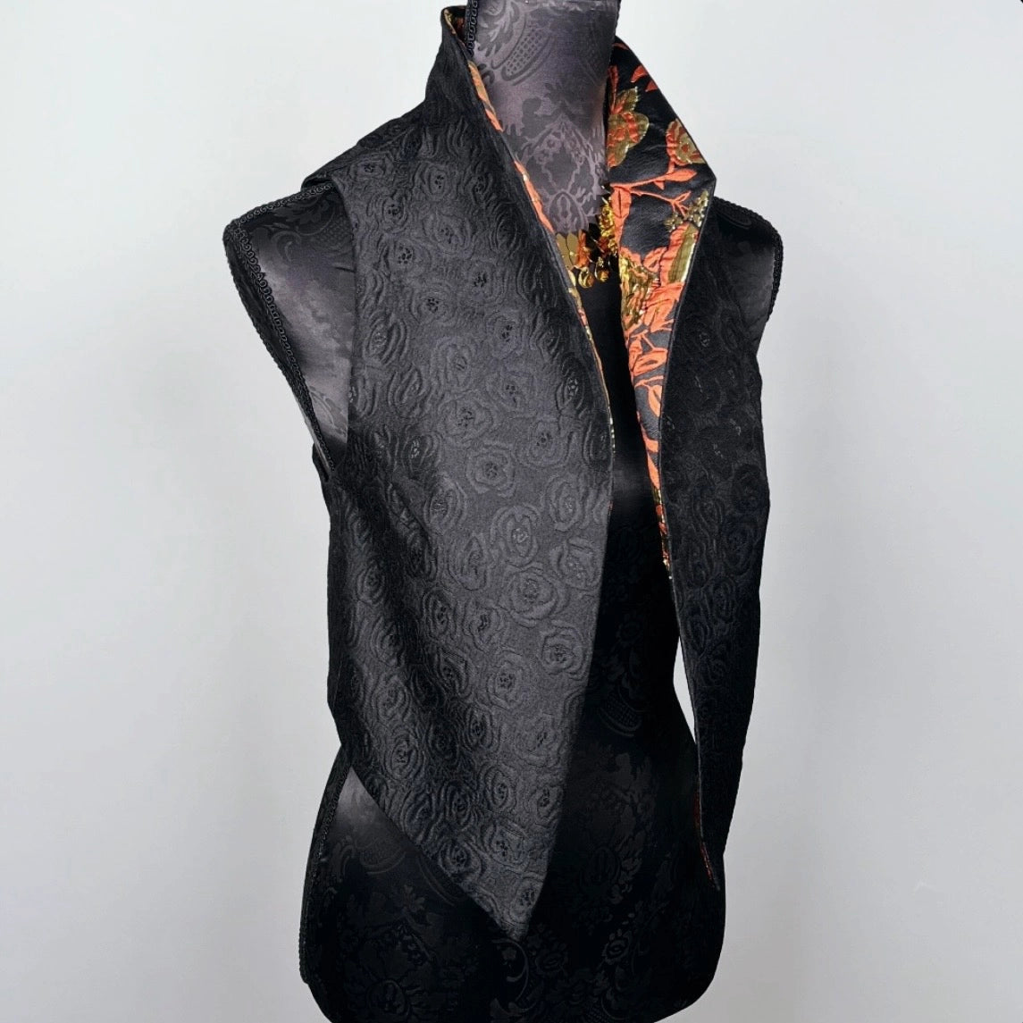 Gothic style Black brocade vest with high stand up collar unique style gold brocade evening wear made in Melbourne Eloise the label