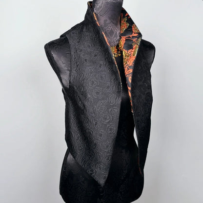 Gothic style Black brocade vest with high stand up collar unique style gold brocade evening wear made in Melbourne Eloise the label