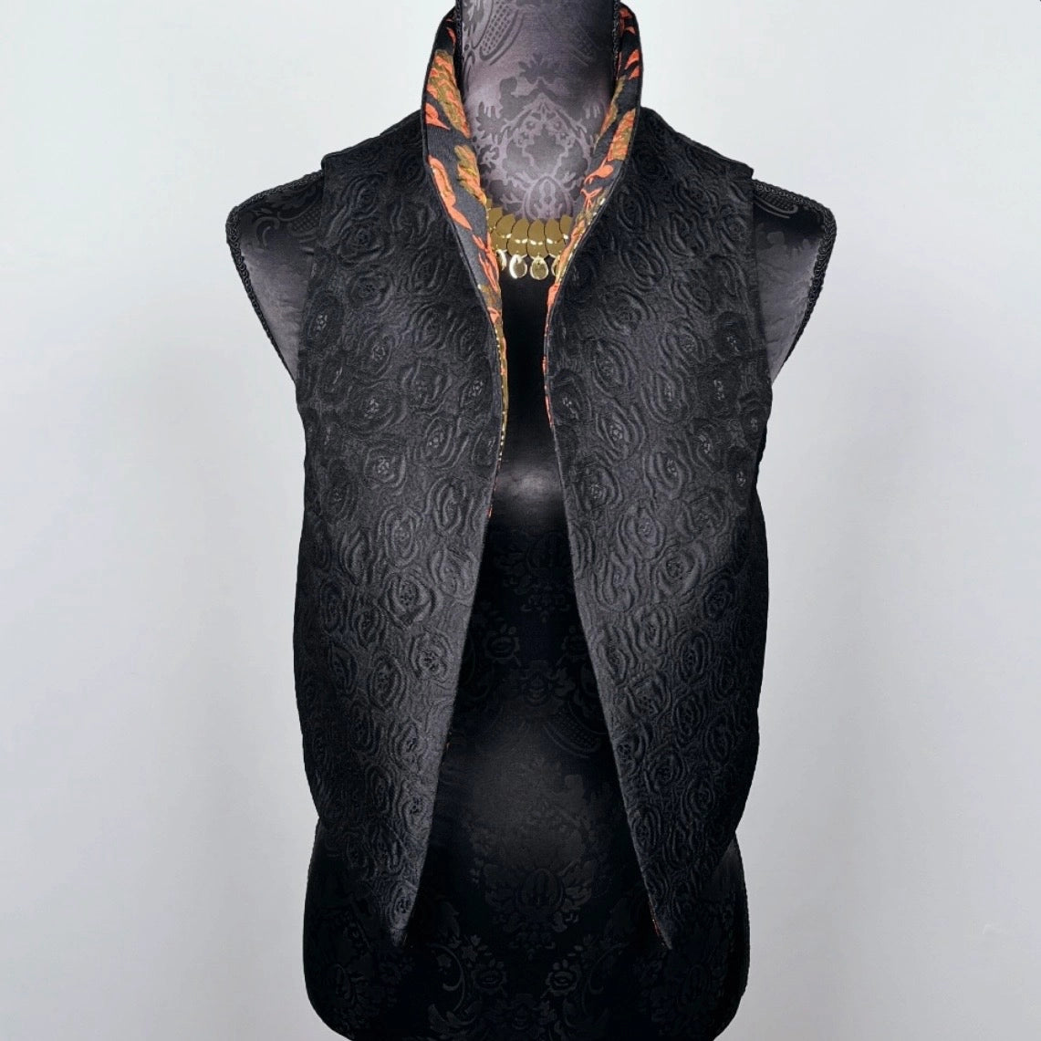 Gothic style Black brocade vest with high stand up collar unique style gold brocade evening wear made in Melbourne Eloise the label