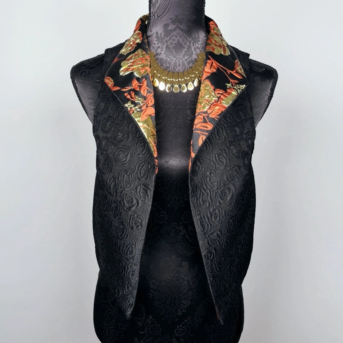 Gothic style Black brocade vest with high stand up collar unique style gold brocade evening wear made in Melbourne Eloise the label