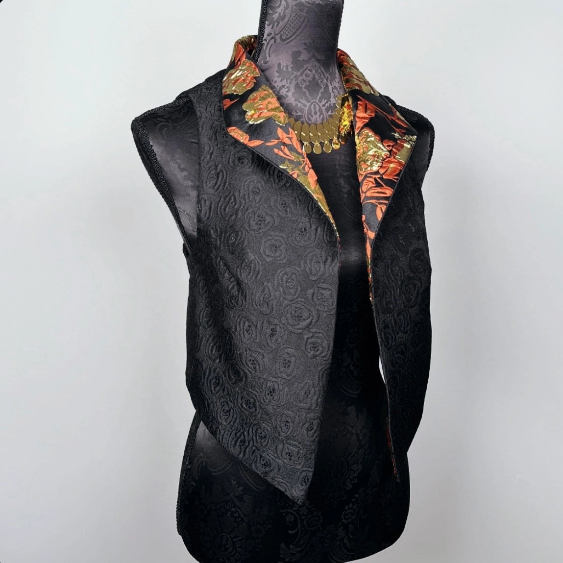 Gothic style Black brocade vest with high stand up collar unique style gold brocade evening wear made in Melbourne Eloise the label