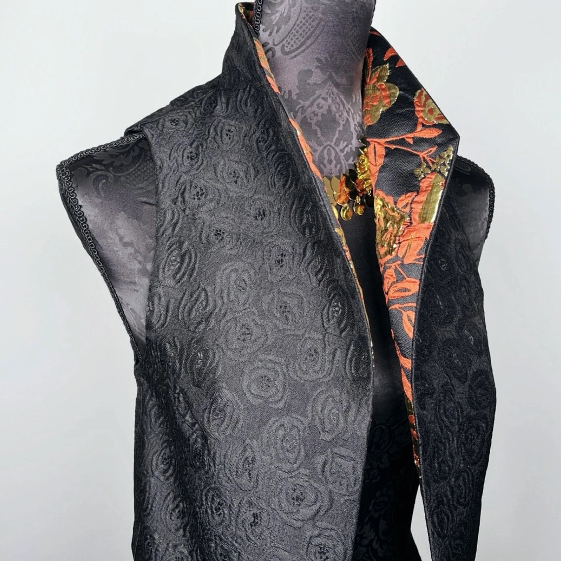 Gothic style Black brocade vest with high stand up collar unique style gold brocade evening wear made in Melbourne Eloise the label