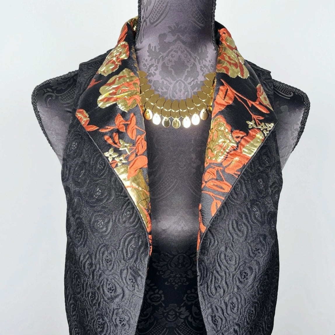 Gothic style Black brocade vest with high stand up collar unique style gold brocade evening wear made in Melbourne Eloise the label
