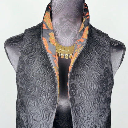 Gothic style Black brocade vest with high stand up collar unique style gold brocade evening wear made in Melbourne Eloise the label