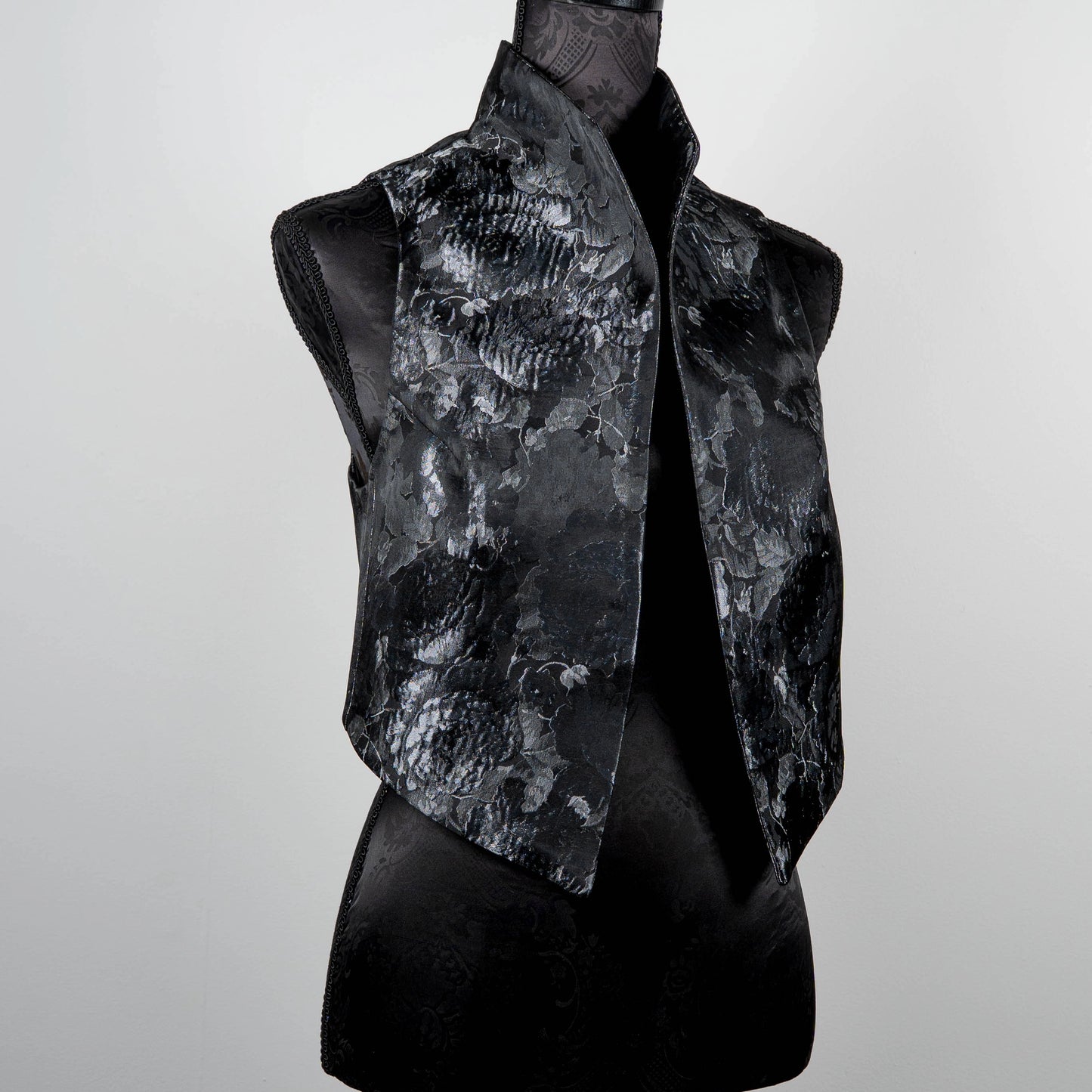 Grey floral vest with high stand up collar Event wear evening wear Made in Melbourne Eloise the label